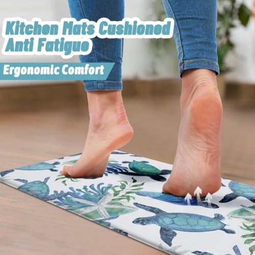 Tritard Coastal Beach Kitchen Rugs Mats Set of 2 Cushioned Anti Fatigue Kitchen Floor Mat 0.4 Inch Sea Turtles Non Slip Waterproof Kitchen Rug PVC Leather Comfort Mats for Kitchen, Blue, 17x28+17x47 - color: Blue-4