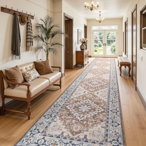 Lofus 2'6" x 14' Hallway Kitchen Washable Runner Rug, Long Carpet Brown - color: Floral Brown, size: 2'6 x 14' (Runner)