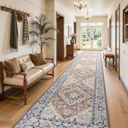 Lofus 2'6" x 14' Hallway Kitchen Washable Runner Rug, Long Carpet Brown - color: Floral Brown, size: 2'6 x 14' (Runner)