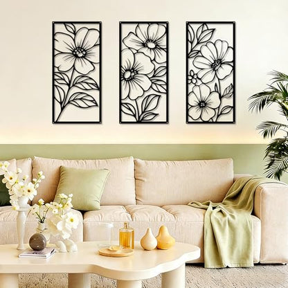 YIYA 3 Pcs Black Metal Flower Wall Art Minimalist Floral Line Art Sculpture 16.9" x 7.9" Rustic Iron Hanging Decor for Living Room Bedroom Bathroom - style: peony