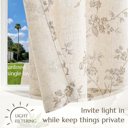 jinchan Taupe Floral Kitchen Tier Curtains Alisa 24 Inches Tie Top 2 Panles - color: Alisa Taupe on Linen, size: 26"W x 24"L (Pack of 2)