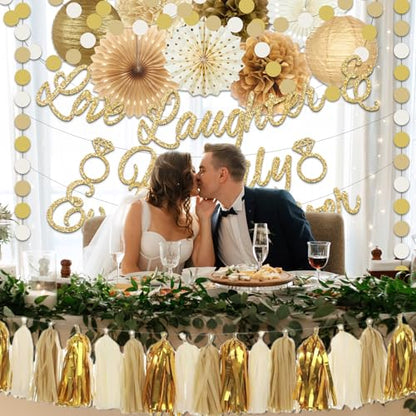 Bridal Shower Decorations,Gold Glitter Bridal Shower Decorations includes Love Laughter Happily Ever After Decorations Paper Flower Ball Wedding Decorations for Home Party Bachelorette Party Supplies - style: Gold