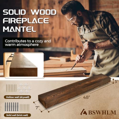 48x7x3in Solid Pine Wood Fireplace Mantel, Weathered Brown - color: Weathered Brown, size: 48x3x7-solid