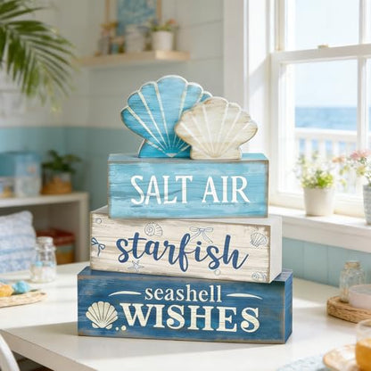 4 Pcs Coastal Summer Beach Tiered Tray Decor Rustic Wooden Nautical Centerpiece Set with Shell Starfish Farmhouse Style Beach Room Decor Summer Tiered Tray Decor - style: Coastal