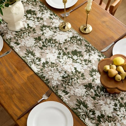 ORTIGIA Vintage Floral Fall Table Runner, Green Brown Chenille，13x48 Inch
