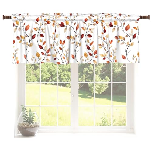 Fall Valances for Windows Brown Eucalyptus Leaves Print Kitchen Curtain Farmhouse Rustic Widow Valance with Rod Pocket Design Light Filtering Polyester Valance 54 x 18 Inch, 1 Panel - color: Brown Eucalyptus