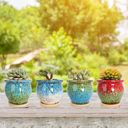 ARTKETTY Succulent Pots - 4 Pack Small Plant Pots with Drainage Tray - color: 4.5'' Colorful 1