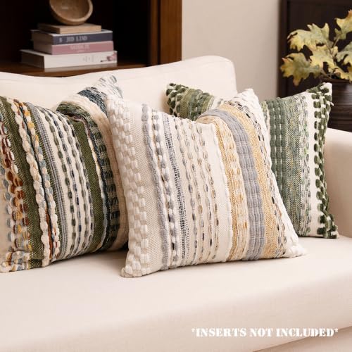 Boho Chenille Tufted Throw Pillow Covers 18x18 Inch Set of 2 Farmhouse Beige Woven Striped Decorative Pillowcases for Couch Sofa Bed - color: Beige