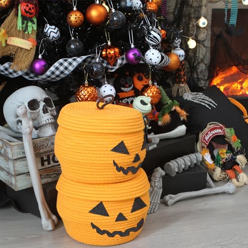 Sea Team Round Woven Cotton Rope Storage Basket with Lid, Halloween - color: Halloween, size: Small
