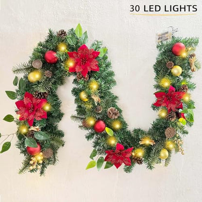 WANNA-CUL Pre-Lit 6ft Red Gold Christmas Garland with 30 LED Timer Lights - color: 03-red Gold