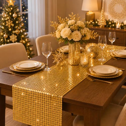 Disco Party Decorations - Gold Glitter Disco Table Runner - color: Gold Sequin Glitter