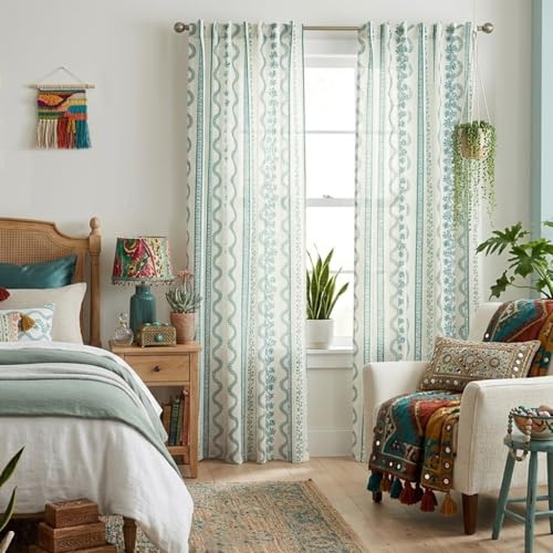 Teal Beach Theme Sheer Curtains, Summer Coastal Boho Farmhouse Linen Beachy Curtains for Bedroom Living Room Lake House 84 Inches Long - color: Teal, size: 50"W x 84"L (Pack of 2)