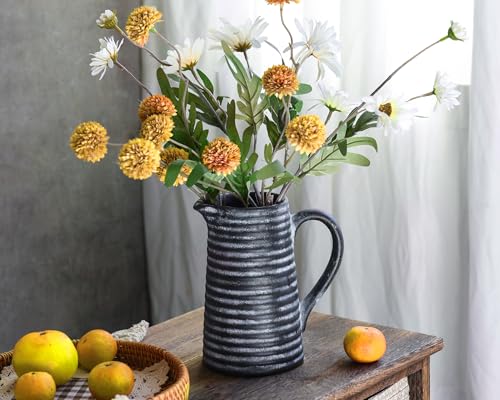 Quoowiit Ceramic Rustic Vase with Handle, Black Distressed Decorative Farmhouse Pitcher Vase for Home Decor Living Room Bedroom Kitchen Office Shelf Decor Centerpiece Table Decoration - color: 7 Inch Black Pitcher