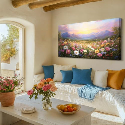 crmotu Rustic Oversized Canvas Art, Mountain Flower Sunset Prints 29"x57" - color: Mountains Sea of Flowers, size: 57"L x 29"W