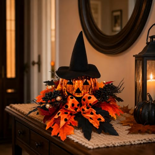 Svndlyn 15 Inch Lighted Halloween Pumpkin Decor with Witch Hat and Bow