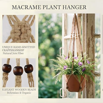 Macrame Plant Hanger 35", No Tassel Hanging Plant Holder, Sturdy Flower Pot Holder with 2 Hooks - Brown - color: Brown, size: 35"-1pc