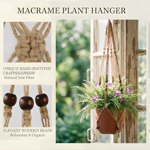Macrame Plant Hanger 35", Set of 2 No Tassel Hanging Plant Holder, Sturdy Flower Pot Holder with 4 Hooks - Brown - color: Brown, size: 35"-2pcs