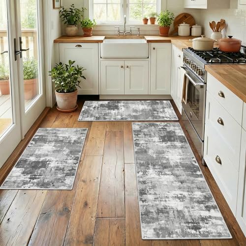 Kitchen Rugs Sets of 3 Non Slip Washable Mats for Floor, Gray - color: Grey