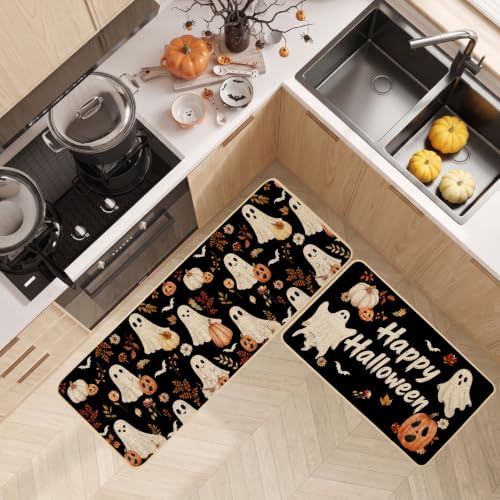 Baccessor Halloween Kitchen Rug Cute Ghost Set of 2,17x29 and 17x47 Inch - color: Cute Ghosts