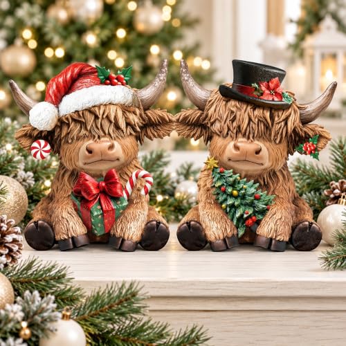 Karenhi 2 Pcs Christmas Highland Cow Figurines Decor for Home Office - style: Christmas