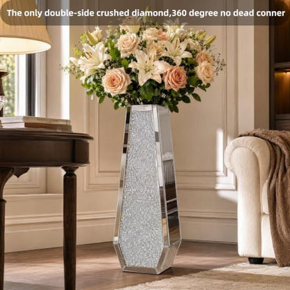 30" Large Double Sided Crushed Diamond Vases,Six Sided Diamond Shape Vase,Tall Silver Mirrored Vase for Floor, Crystal Decorative Vase for Home,Office,Hotel (Silver,10.6" Lx5.3 W x30 H)