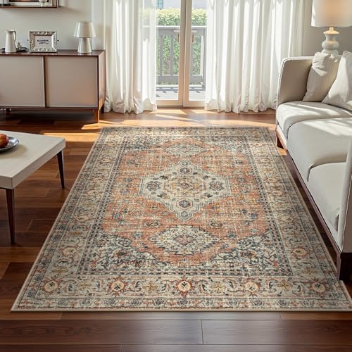 Lahome Oriental Washable Rugs 5x7, Soft 5x7 Rug for Bedroom Living Room - color: Terracotta, size: 5' x 7' (Rectangular)