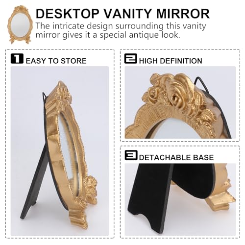 HEALLILY Oval Resin Makeup Mirror Portable European Style Handheld Cosmetic Mirror with Rose Relief Frame Lightweight for Vanity and Travel