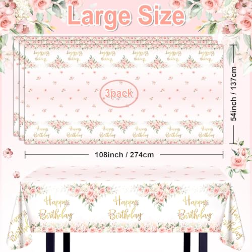 Avezano 3 Pcs Rose Gold Party Decorations Pink Floral Happy Birthday Tablecloths for Girls Women Birthday Party Supplies 108 x 54 Inch