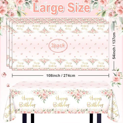 Avezano 3 Pcs Rose Gold Party Decorations Pink Floral Happy Birthday Tablecloths for Girls Women Birthday Party Supplies 108 x 54 Inch