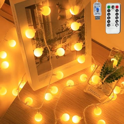Globe String Lights, 32.8 FT 80 LED USB Powered Waterproof Timer 8 Modes Fairy String Lights with Remote for Bedroom Christmas Party Patio Garden Indoor Wedding Decor, Warm White, 10M