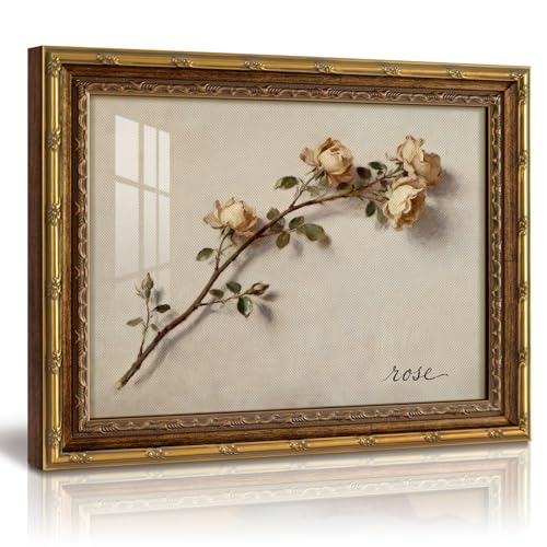 InSimSea Gold Framed Floral Wall Art, Pink Roses Still Life Canvas Print | 13x16 Inch Vintage Flower Artwork with Glass, Rustic Farmhouse Country Botanical Wall Decor for Living Room Bedroom Bathroom - color: Elegant Rose, size: 16"L x 13"W
