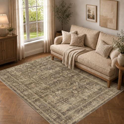 4x6 Washable Bedroom Area Rug Non-Slip Vintage Brown Throw Carpet - color: Accent | Brown, size: 4' x 6' (Rectangular)