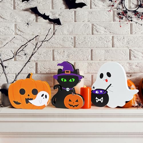 Cute Halloween Decorations Indoor, 3 PCS Wooden Ghost Pumpkin Halloween Decor for Home Table Office Desk Tiered Tray Party Shelf Display Mantle Kitchen Room Spooky Decorations - style: GhostPumpkinCat