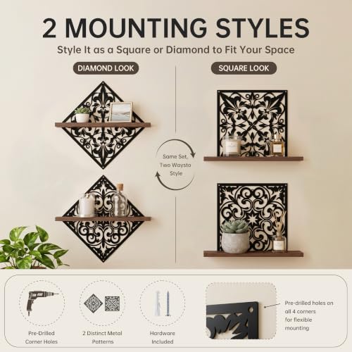 2PCS Decorative Wall Shelves, Metal & Wood Floating Shelves for Room Decor