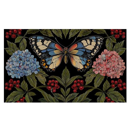 Vintage Floral Butterfl Welcome Door Mat, Boho Hydrangea Flowers Botanical Decorative Artificial Coco Coir Doormat for Indoor Outdoor Porch Front Door Entrance Outside, 17x30 in - color: Boho Butterfly