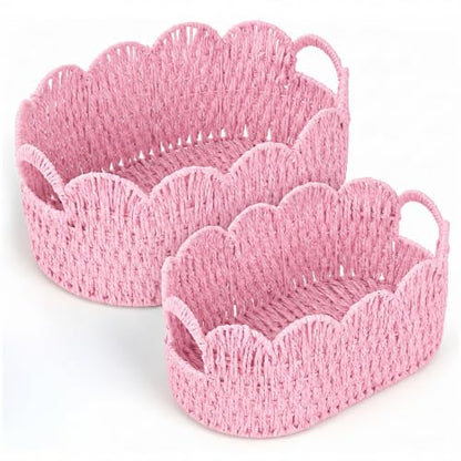 Endymion Set of 2 Paper Rope Scalloped Basket, Wicker Storage Baskets Pink - color: Pink