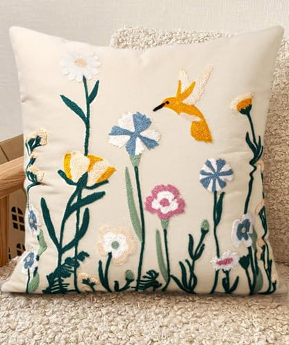 Embroidered Throw Pillow Cover 18x18 Inch, Flower Bird - color: Flower Bird, size: 18" x 18" (Pack of 1)
