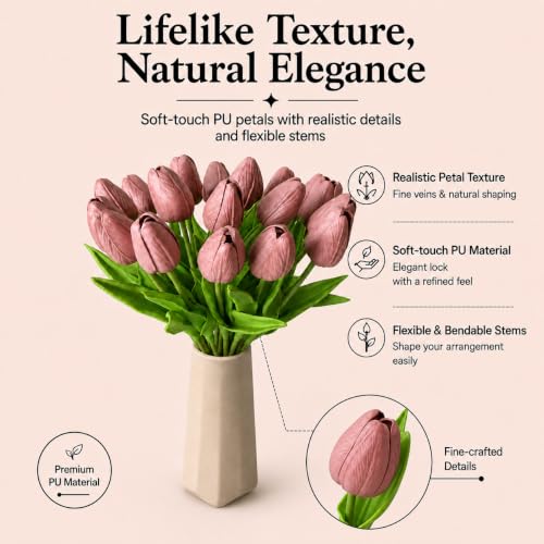 Mandy's 20 Stems Mauve Artificial Tulip Flowers for Home Centerpieces - color: Mauve