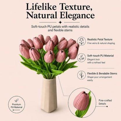 Mandy's 20 Stems Mauve Artificial Tulip Flowers for Home Centerpieces - color: Mauve