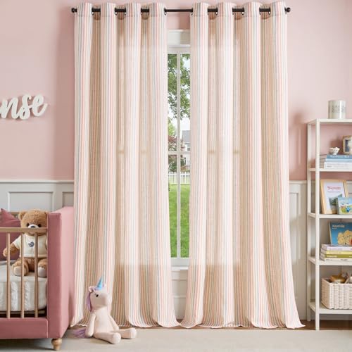 jinchan Linen Curtains 96 inch Candy Stripe for Kids Room Grommet 2 Panels - color: Candy on Flax, size: 50"W x 96"L (Pack of 2)
