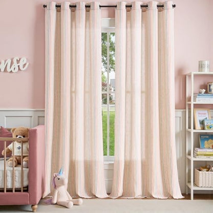 jinchan Linen Curtains 96 inch Candy Stripe for Kids Room Grommet 2 Panels - color: Candy on Flax, size: 50"W x 96"L (Pack of 2)