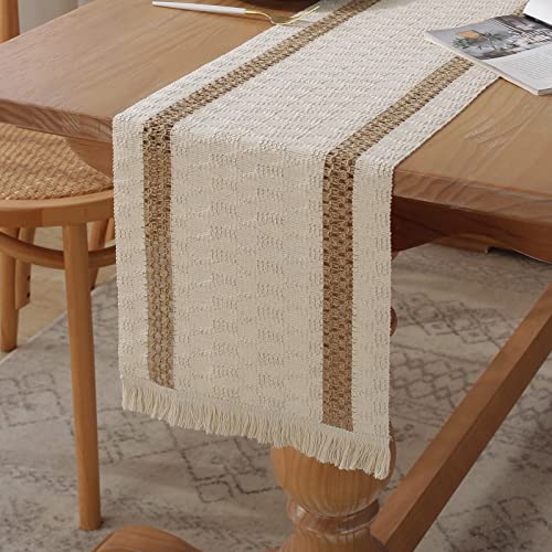 Boho Burlap Macrame Table Runner, Farmhouse Style Cotton Linen Rustic Woven Table Runner with Tassels for Dining, Wedding, Bridal Shower, Bohemian (12x72 inch, Off-White) - color: Off-white, size: 12x72 inch