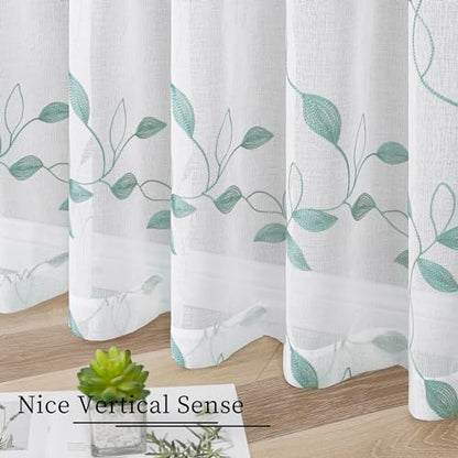 Tollpiz Teal Blue Leaf Sheer Tier Curtains Kitchen 30 x 24 Inches - color: Teal Blue, size: 30"W x 24"L (Pack of 2)