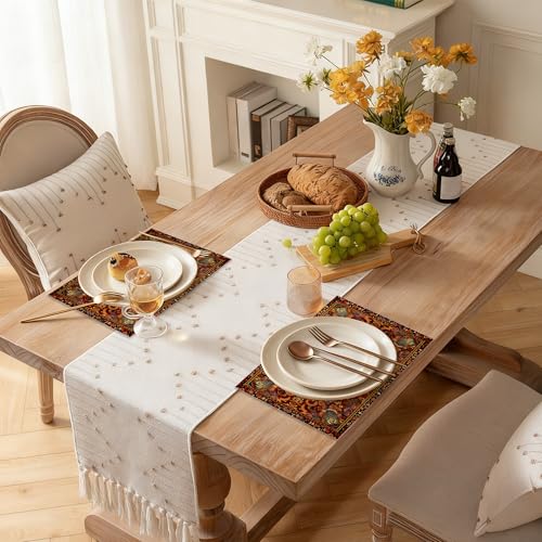 Linen Placemats Set of 6, Fall Boho Carpet Orange Brown Washable Table Mats 12x18 Inch, Heat Resistant Non Slip Placemats for Dining Table Kitchen Everyday Use - color: Fall Boho Carpet Orange Brown