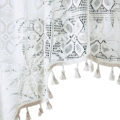 Boho Crochet Swag Curtain Valances with Tassels for Kitchen Windows, Rustic Floral Lace Macrame Curtain Toppers Semi Sheer Window Treatments for Living Room, Bathroom,Half Window, White - color: White