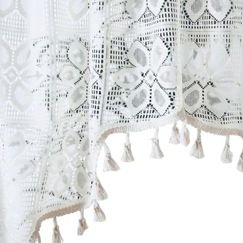 Boho Crochet Swag Curtain Valances with Tassels for Kitchen Windows, Rustic Floral Lace Macrame Curtain Toppers Semi Sheer Window Treatments for Living Room, Bathroom,Half Window, White - color: White