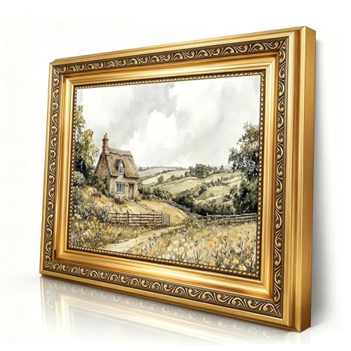 Vintage Cottage Garden Canvas Wall Art Country Landscape Art Prints Rustic Oil Painting Vintage Wall Art Framed Gold Framed Farmhouse Nature Painting - color: Cottage, size: 11"L x 9"W