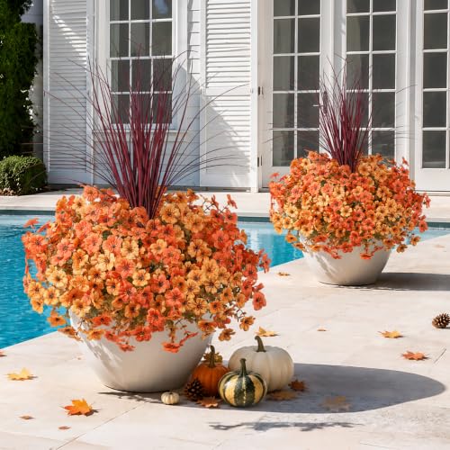 Ivydale Artificial Mums Flowers for Outdoors 12 Pcs + Burgundy Grass - color: Orange Yellow