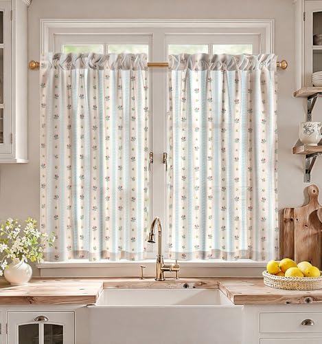 Miss Adola 40 Inch Length Kitchen Tier Curtains, Blue Striped - color: Blue Striped, size: 28"W x 40"L (Pack of 2)
