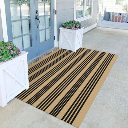 KILOCOCO Striped Rug 4x6 ft Washable Woven Front Door Rug, Brown and Black - color: Brown and Black Stripe, size: 4' x 6' (Rectangular)